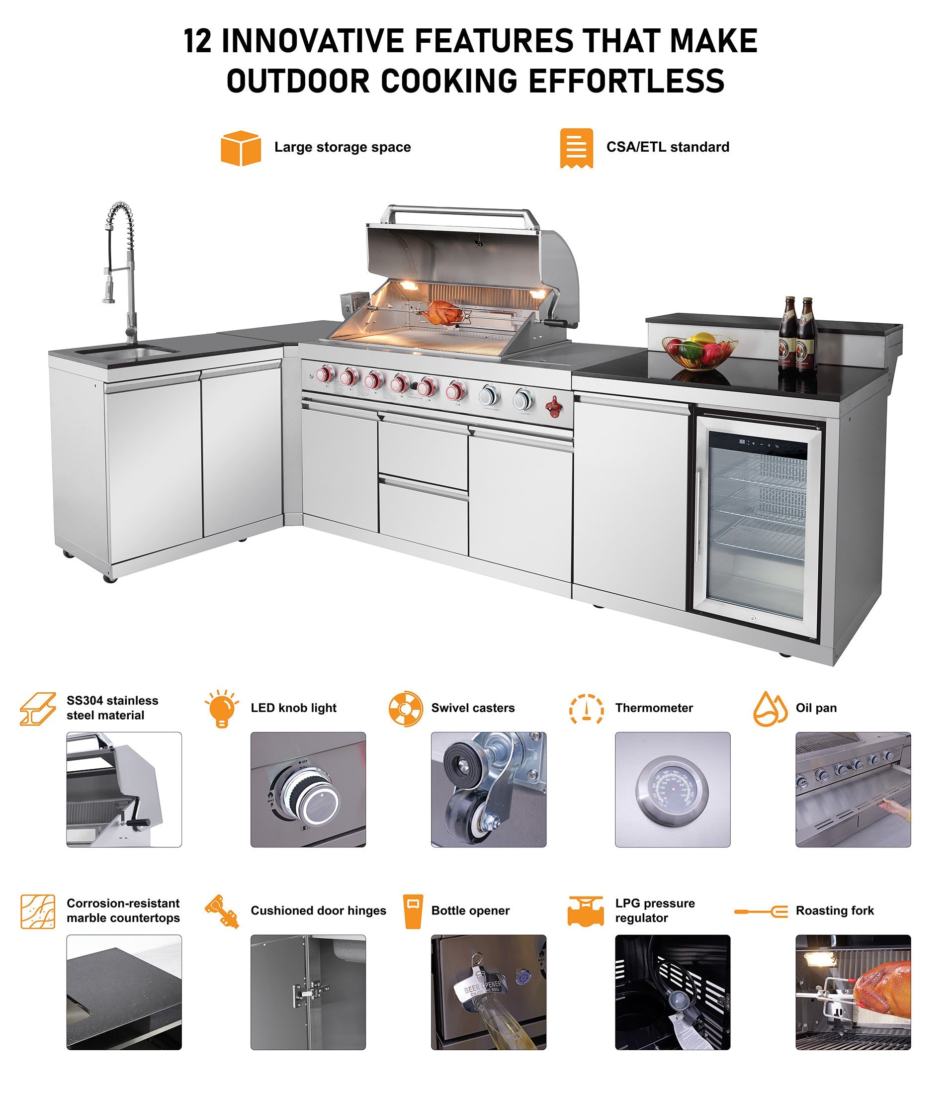 83.3" 4+1 Burner 71,500 BTU Silver Outdoor Kitchen Island Grill with Sink