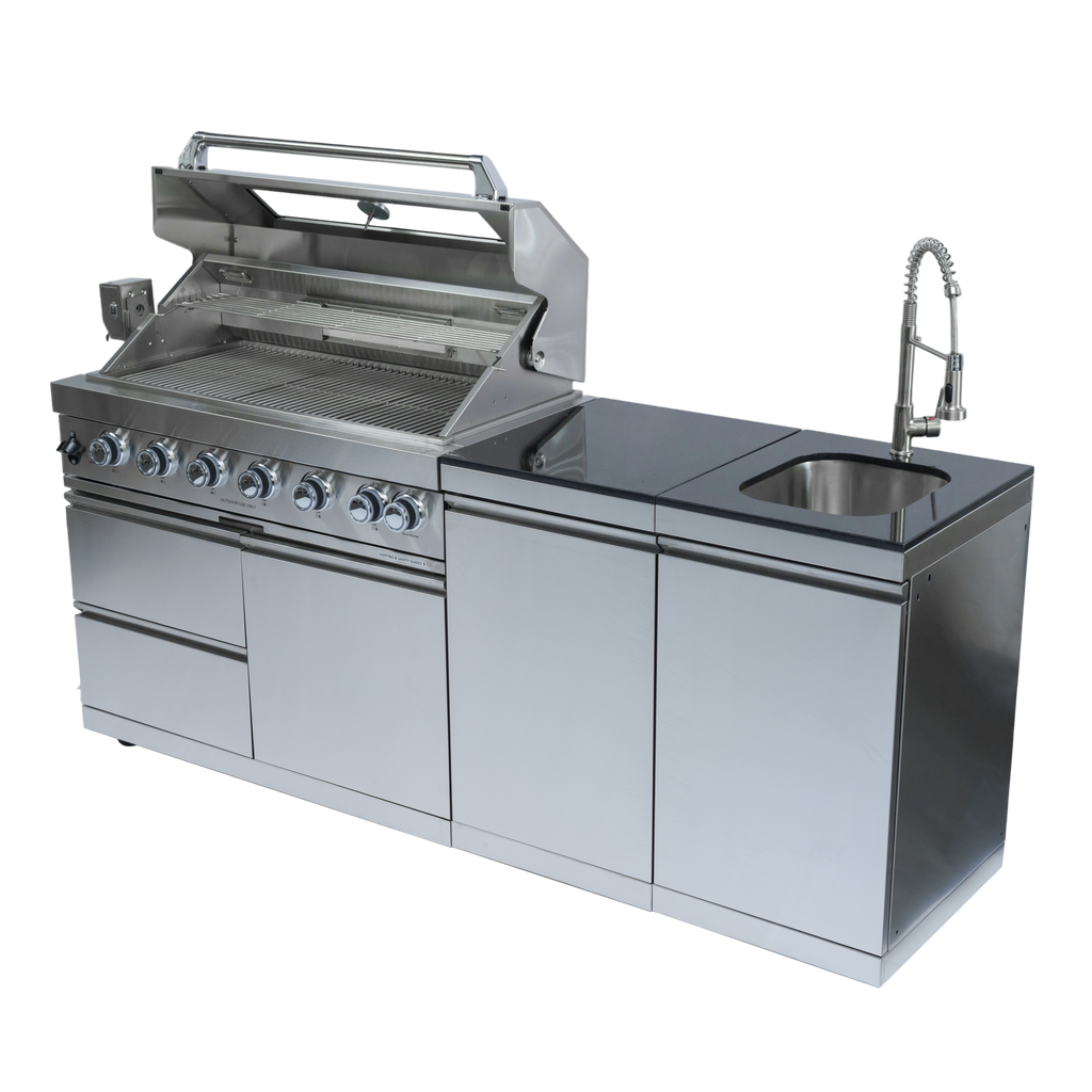 82" 6-Burner 85000 BTU Silver Outdoor Kitchen Island Grill + Storage Cabinets & Drawers & Sink/Faucet