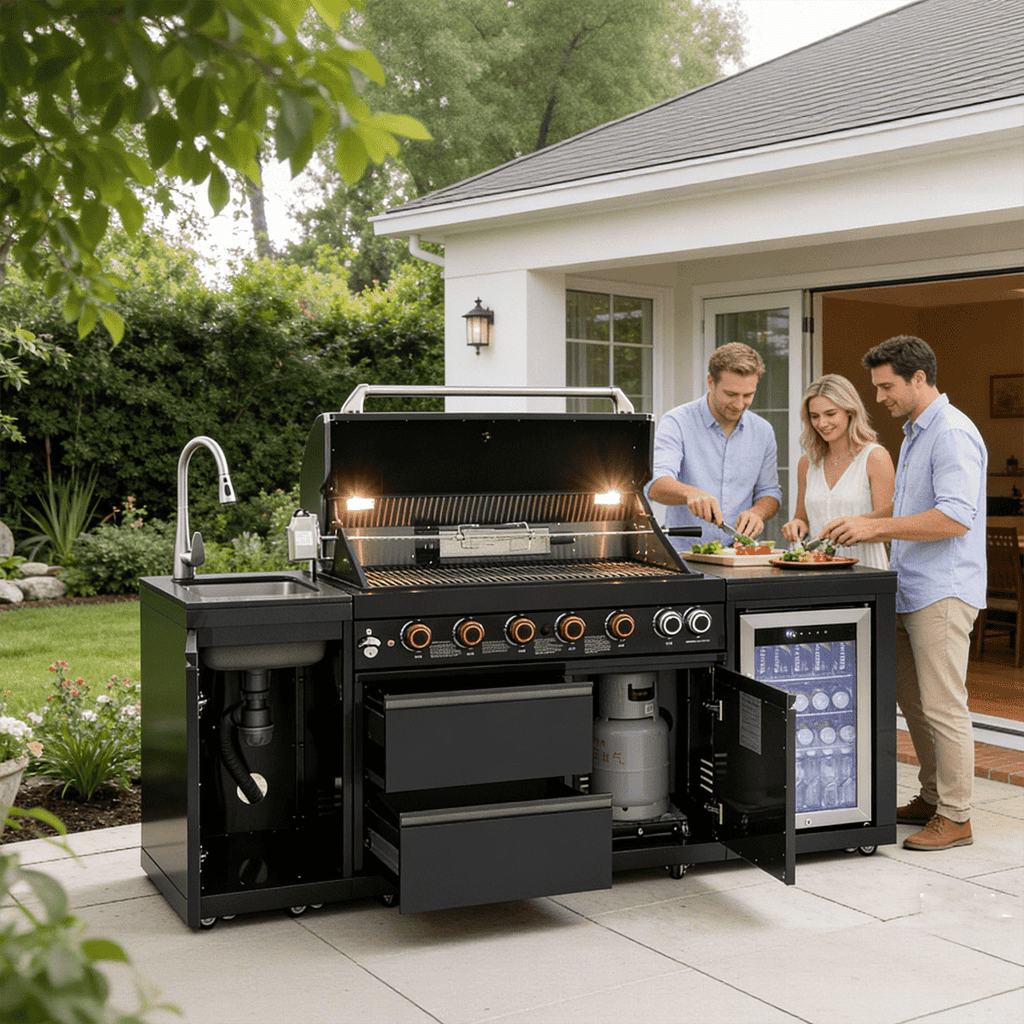 82.5" 6-Burner 83,500 BTU Black Outdoor Kitchen Island Grill Sink + Refrigerator