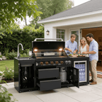 82.5" 6-Burner 83,500 BTU Black Outdoor Kitchen Island Grill Sink + Refrigerator