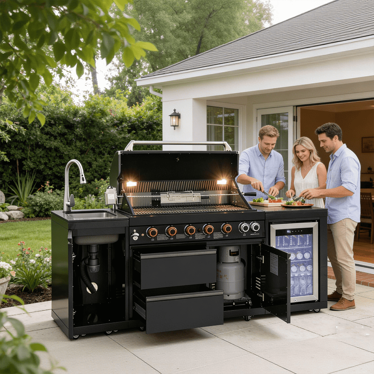 82.5" 6-Burner 83,500 BTU Black Outdoor Kitchen Island Grill Sink + Refrigerator