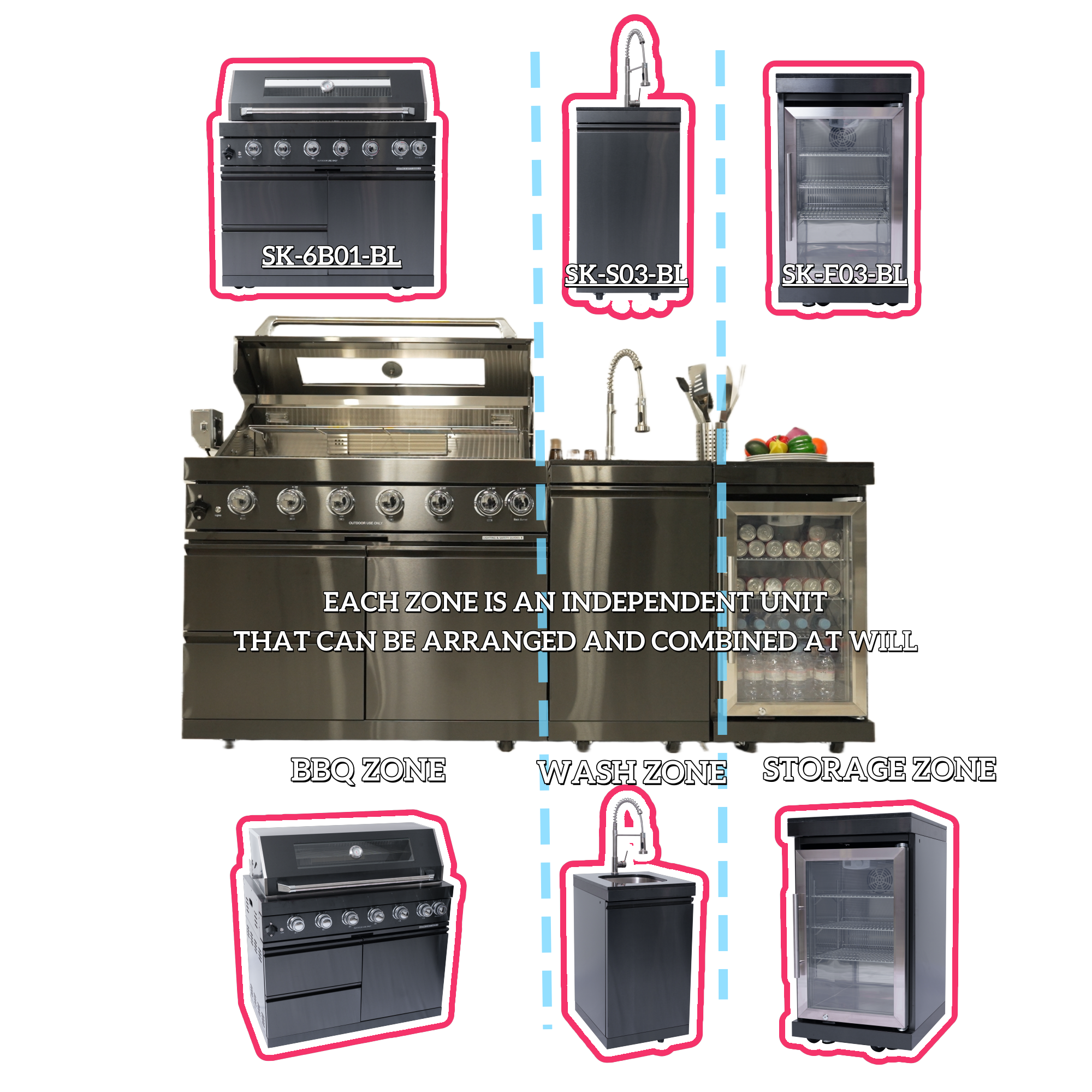 NG 85" 6-Burner 85,000 BTU Black Outdoor Kitchen Island Grill Refrigerator + Rotisserie Kit + Sink
