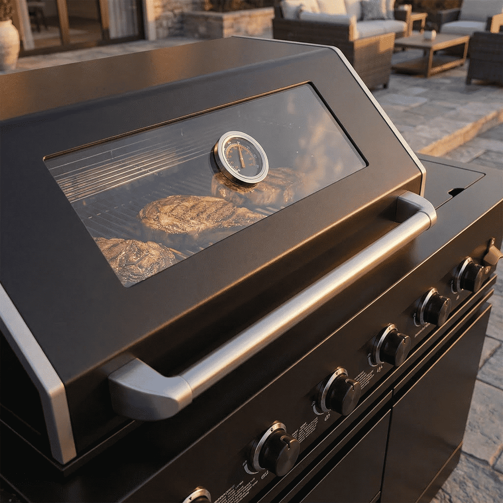 65" 4-Burner 72,000 BTU Black Outdoor Kitchen Island Grill + Round Side Burner