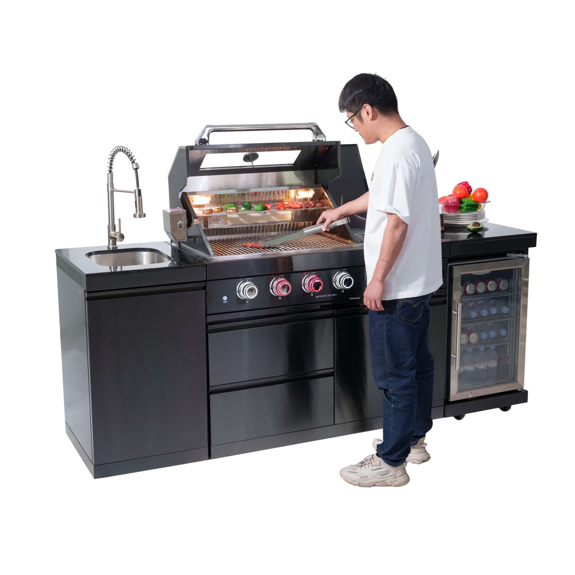 NG 85" 4-Burner 72,000 BTU Black Outdoor Kitchen Island Grill + Refrigerator + Sink