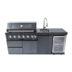 NG 85" 6-Burner 85,000 BTU Black Outdoor Kitchen Island Grill Refrigerator + Rotisserie Kit + Sink