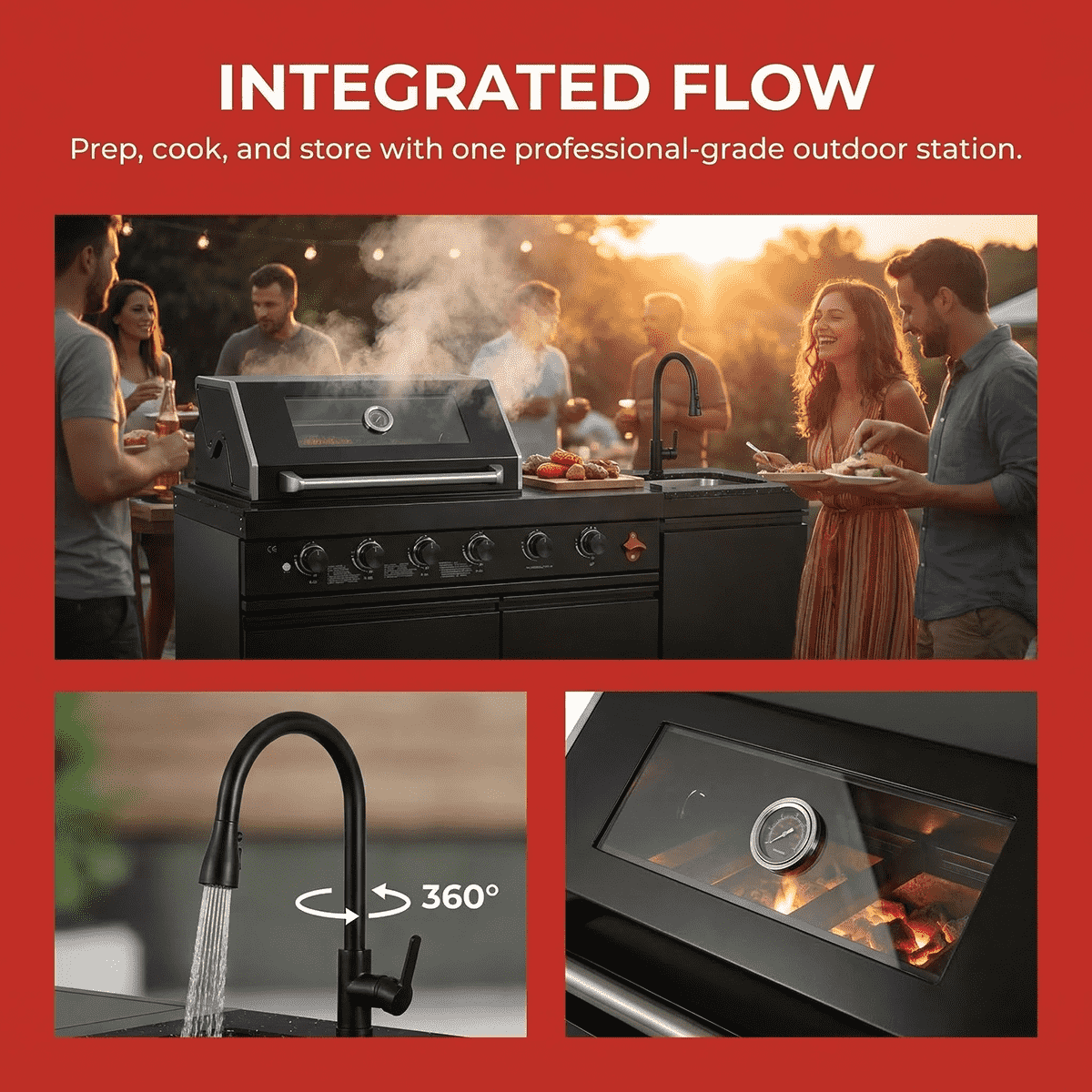 65" 4-Burner 72,000 BTU Black Outdoor Kitchen Island Grill + Round Side Burner