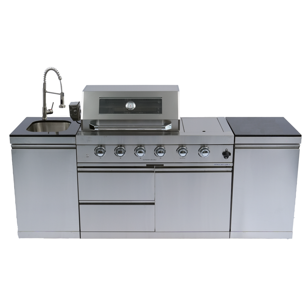 NG 85" 4-Burner 72,000 BTU Silver Outdoor Kitchen Island Grill + Side B & Storage Cabinets & Sink