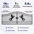 16x7 ft Steel Dual Swing Driveway Gate with Horse Pattern