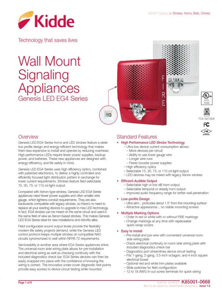 Kidde Genesis Wall Speaker Strobe White UL/FM Certified Fire Safety Alert