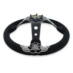 Custom Rose Universal 350mm 3" Deep Dish 6-Bolt Steering Wheel Black Suede Alcantara