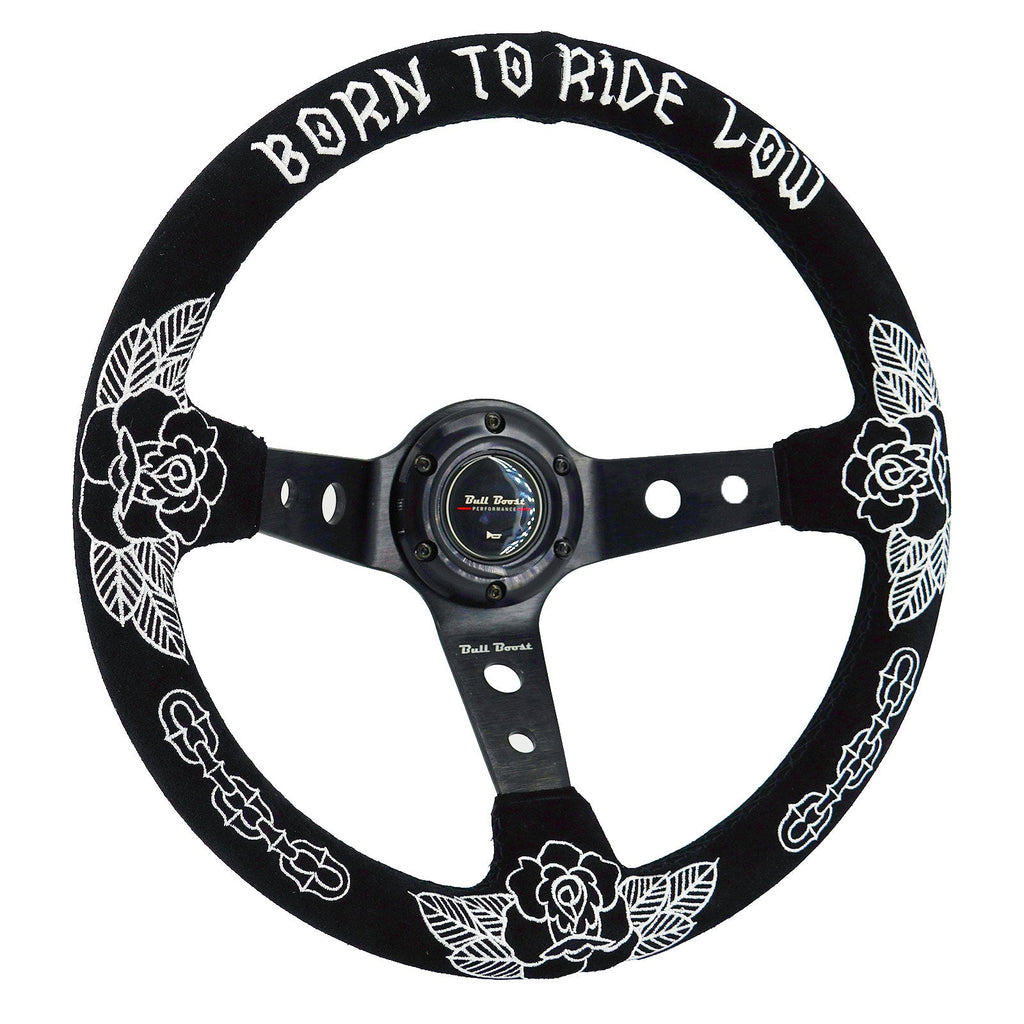 Custom Rose Universal 350mm 3" Deep Dish 6-Bolt Steering Wheel Black Suede Alcantara