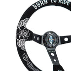 Custom Rose Universal 350mm 3" Deep Dish 6-Bolt Steering Wheel Black Suede Alcantara