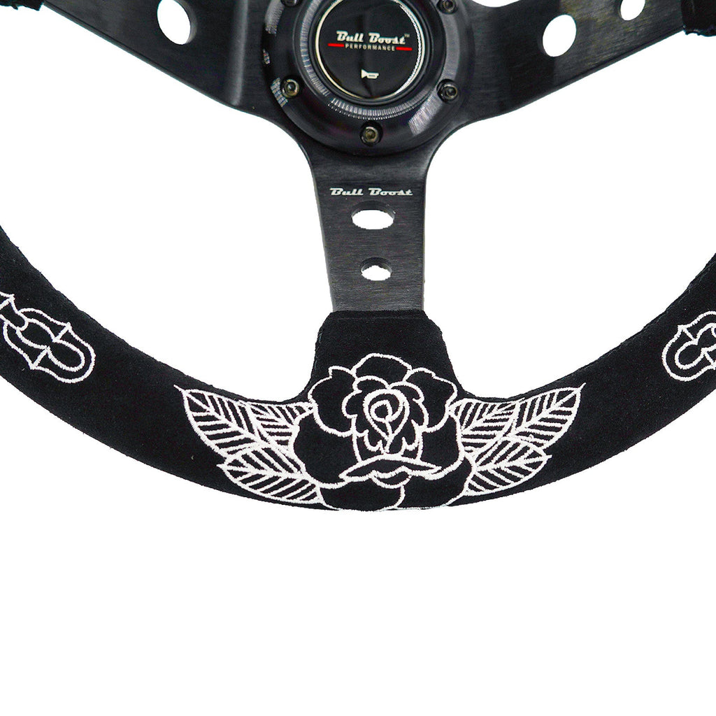 Custom Rose Universal 350mm 3" Deep Dish 6-Bolt Steering Wheel Black Suede Alcantara