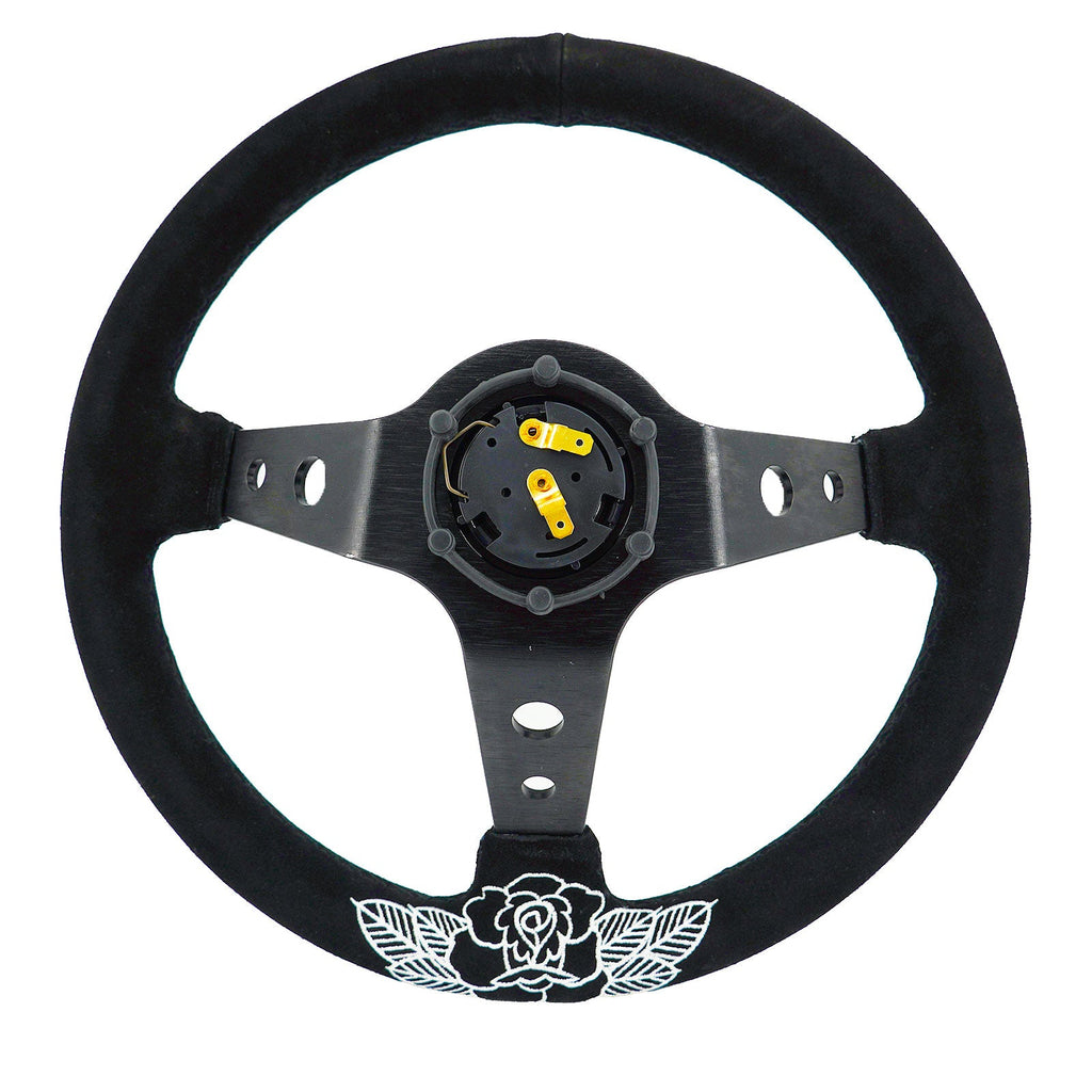 Custom Rose Universal 350mm 3" Deep Dish 6-Bolt Steering Wheel Black Suede Alcantara