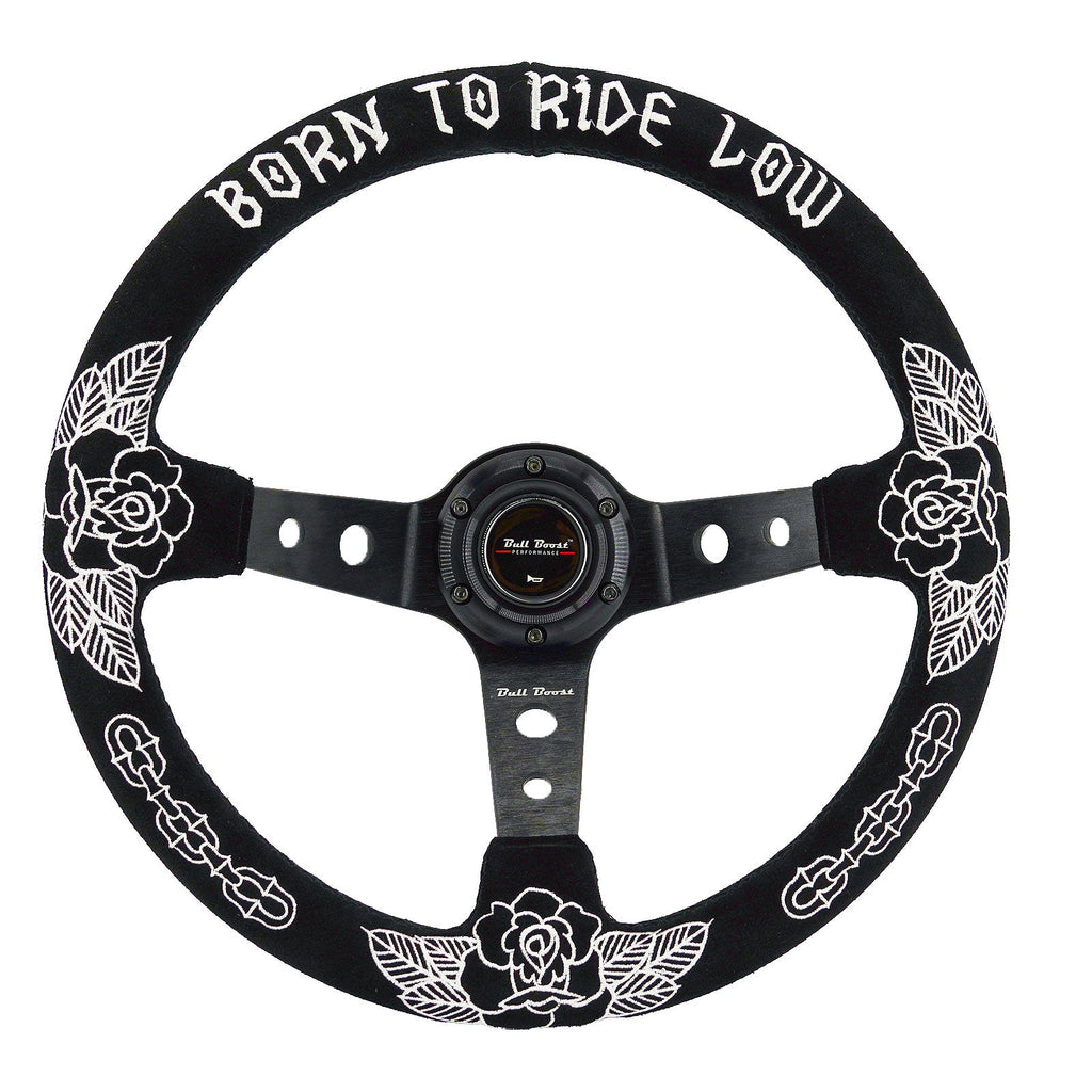 Custom Rose Universal 350mm 3" Deep Dish 6-Bolt Steering Wheel Black Suede Alcantara