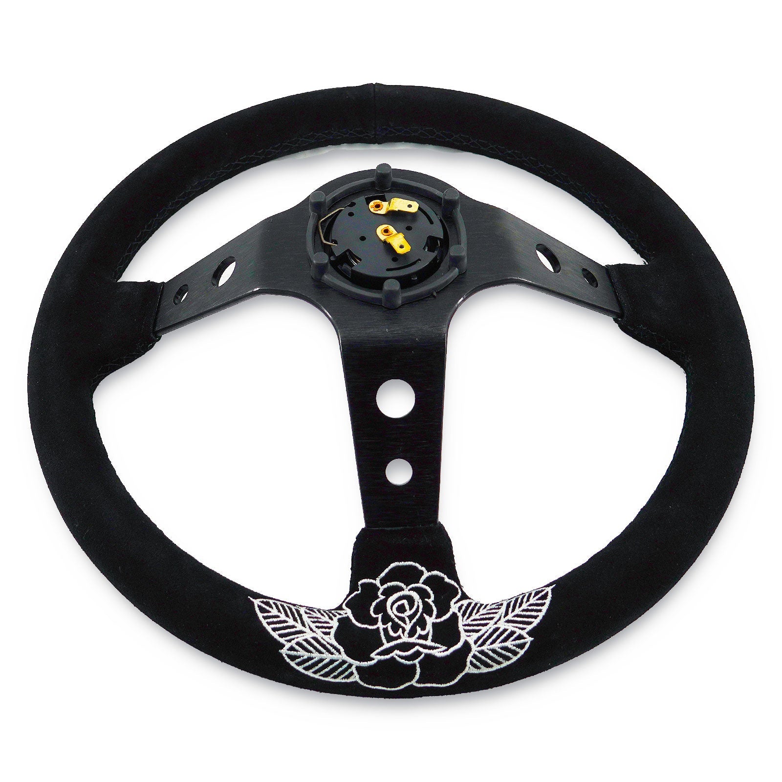 Custom Rose Universal 350mm 3" Deep Dish 6-Bolt Steering Wheel Black Suede Alcantara