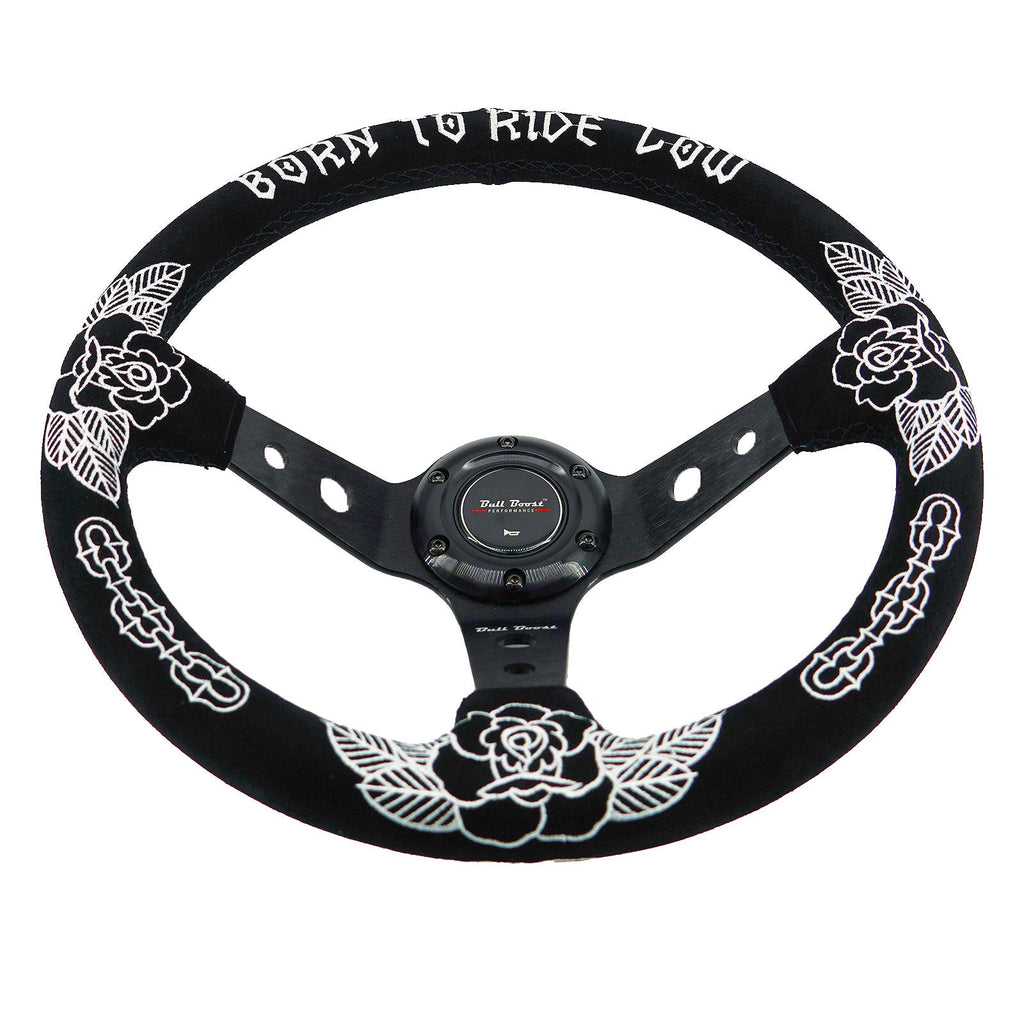 Custom Rose Universal 350mm 3" Deep Dish 6-Bolt Steering Wheel Black Suede Alcantara