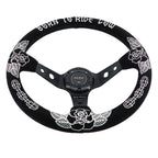 Custom Rose Universal 350mm 3" Deep Dish 6-Bolt Steering Wheel Black Suede Alcantara