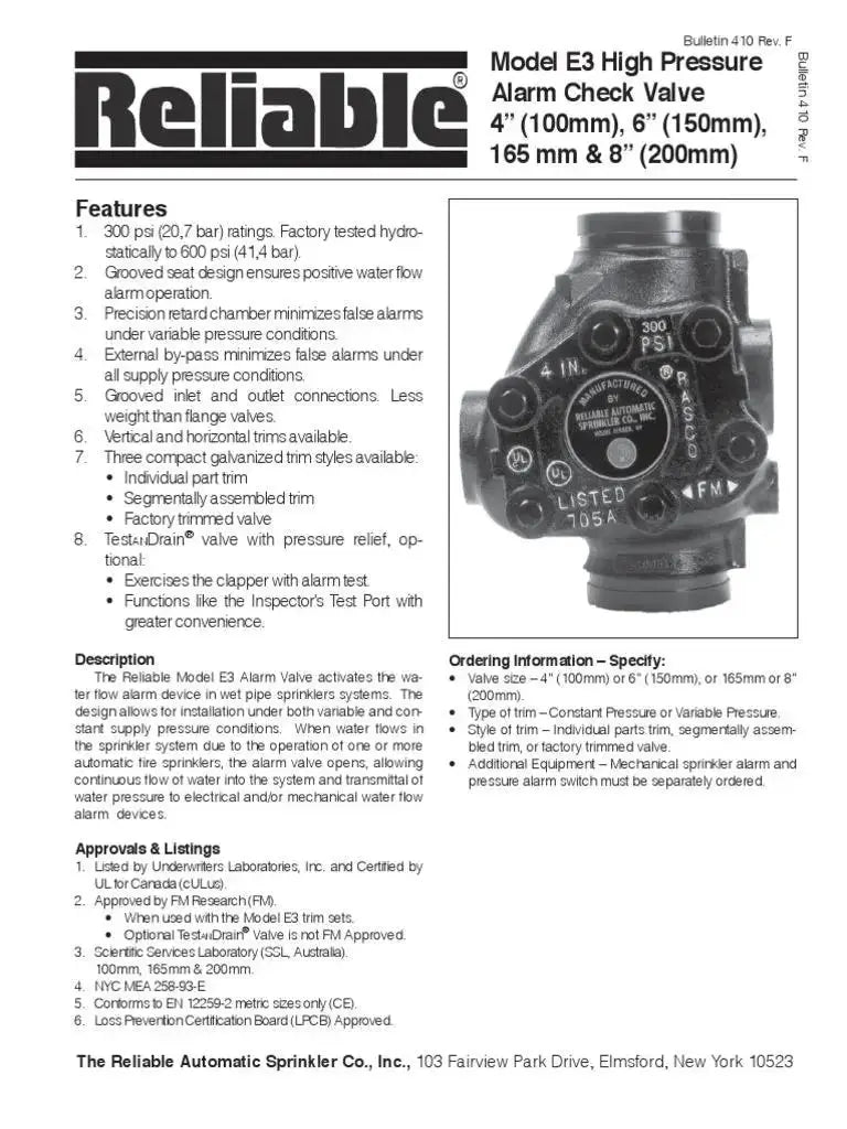 Reliable E3 Fire Alarm Valve & Trim - Water Flow Detection