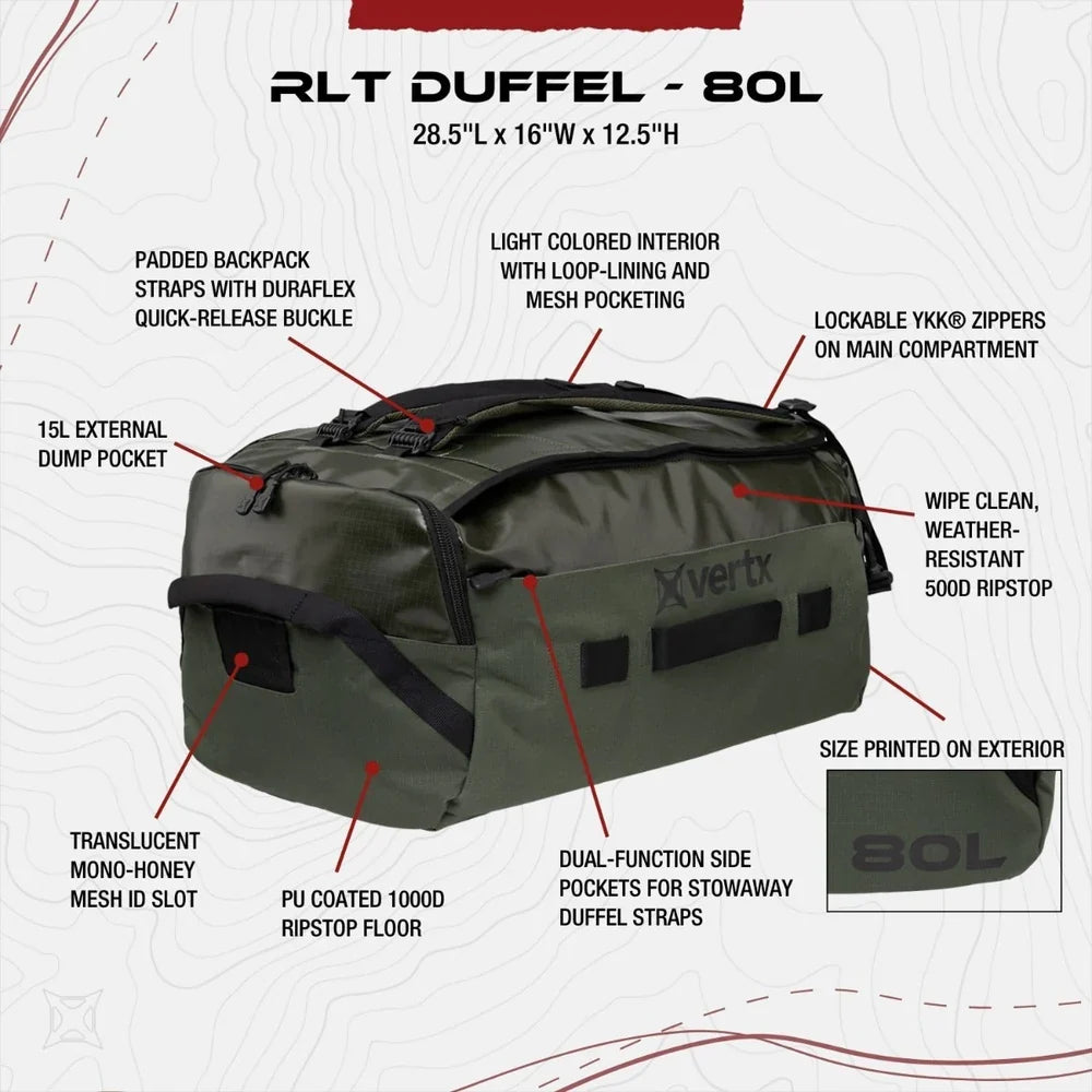 Vertx RLT 80L - Water-Repellent 80L Mission Duffel at Just 3.9 lbs - Built for Rugged Terrain