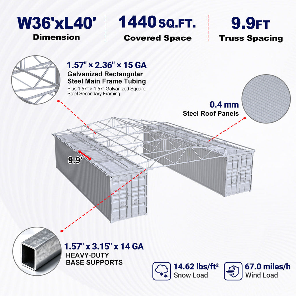 W36'xL40'xH4' Steel Shipping Container Roof Kit